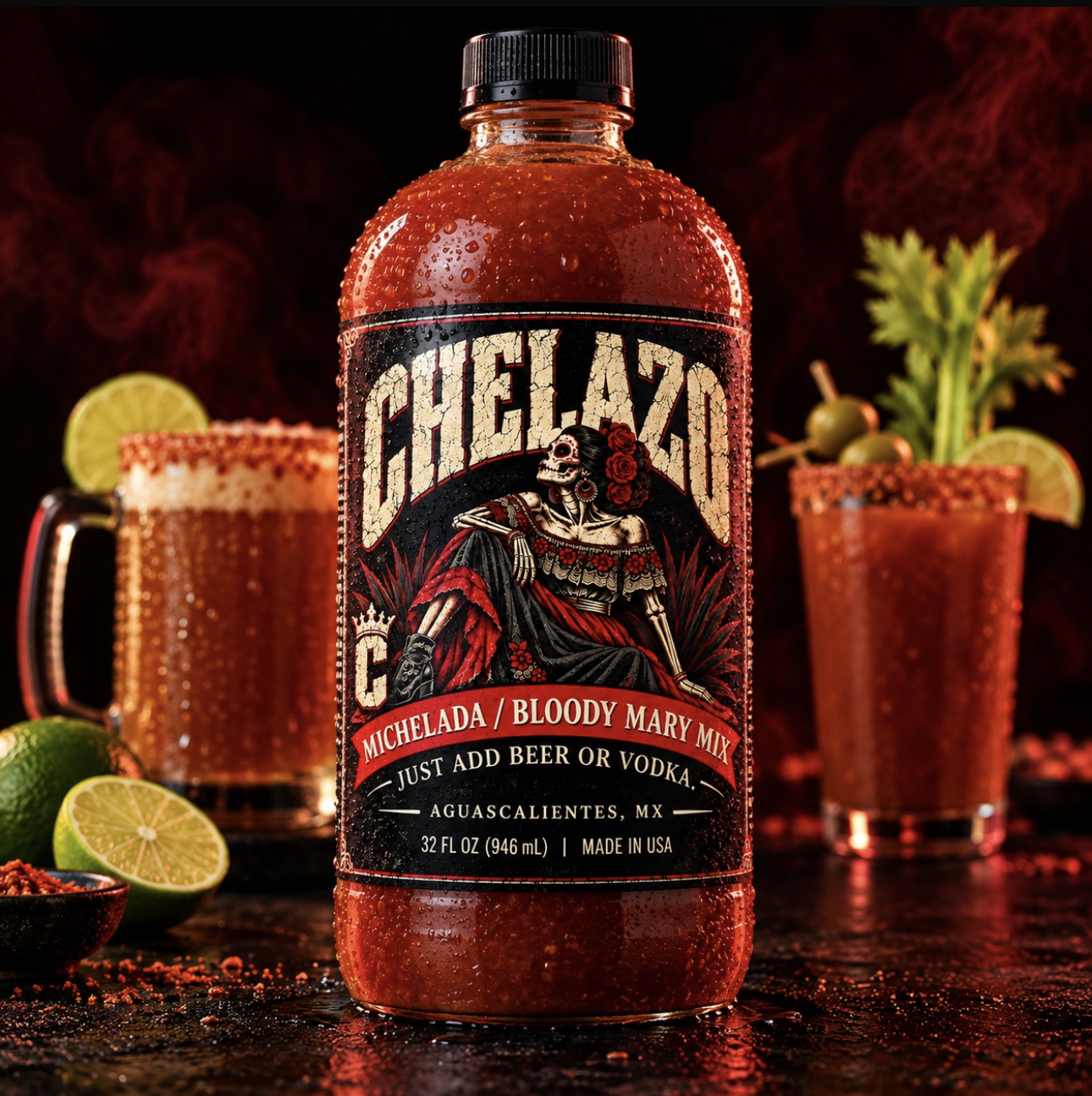 Chelazo 32 oz ready-to-pour bottle with Clamato